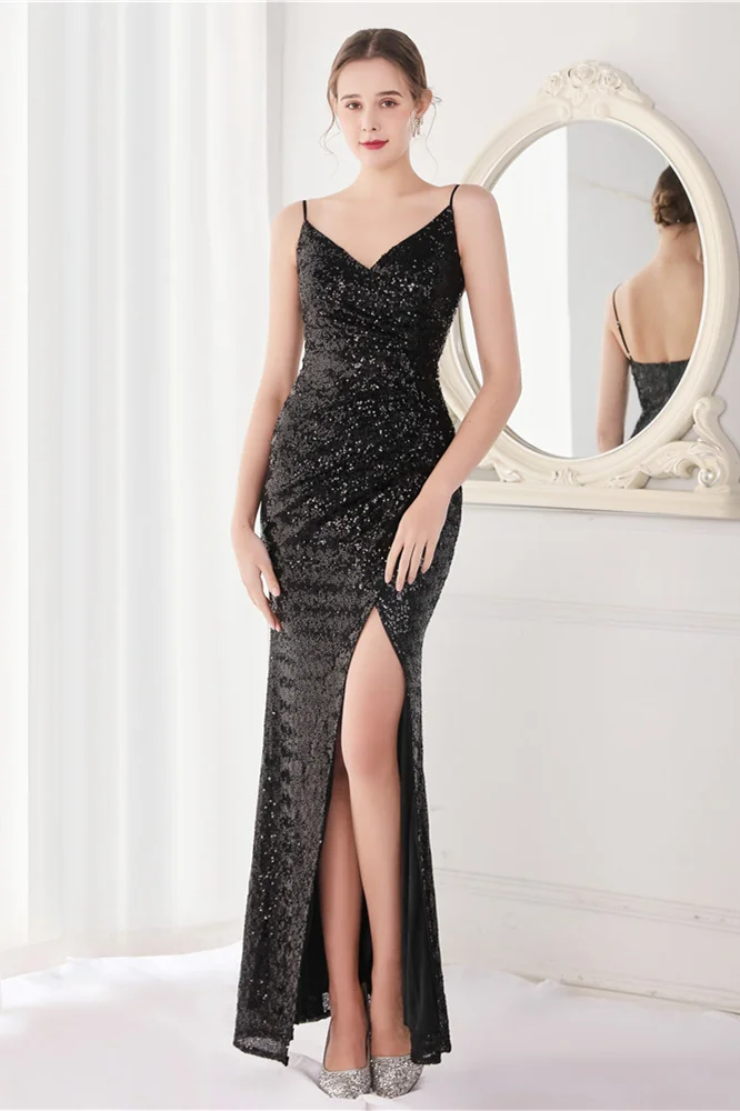 Luluslly V-Neck Spaghetti-Straps Evening Dress Sequins Mermaid With Slit YE0061