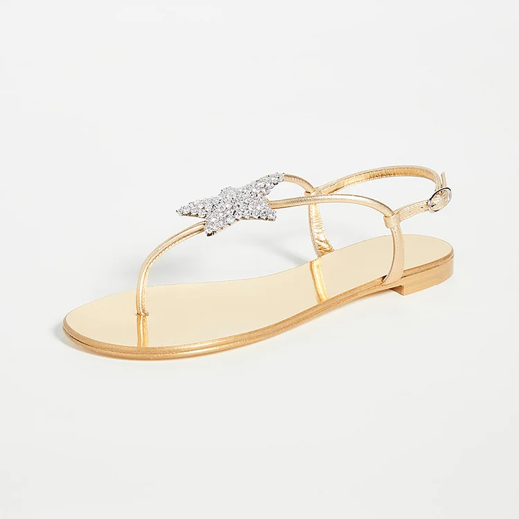 Gold Rhinestone Thong Sandals Open Toe Flat Sandals |FSJ Shoes
