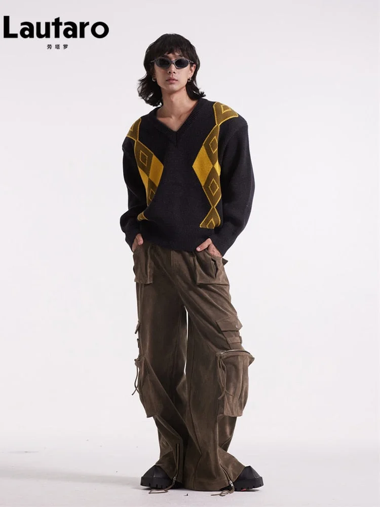 Huiketi Spring Autumn Loose Cool Suede Faux Leather Cargo Pants for Women with Many Pockets Emo Runway European Fashion 2023