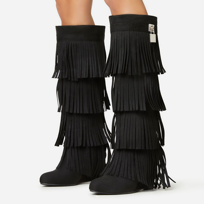 GOOSHOE Black Knee High Cowgirl Boots With Lock Round Toe Wedge Shoes Fringe