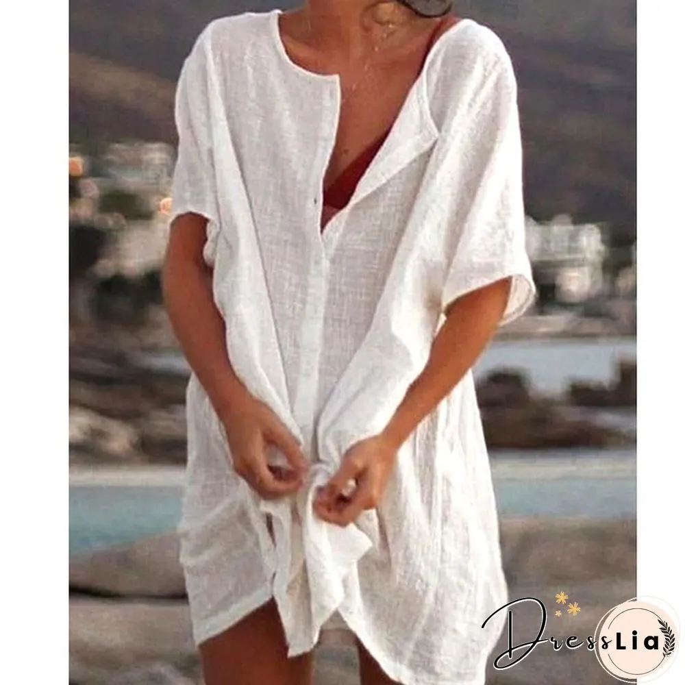 Plus Size Fashion Summer Women's Casual Beach Wear Swimwear Cover-up Linen Dress Loose Short Sleeve Deep V-neck Solid Color Mini Party Dress