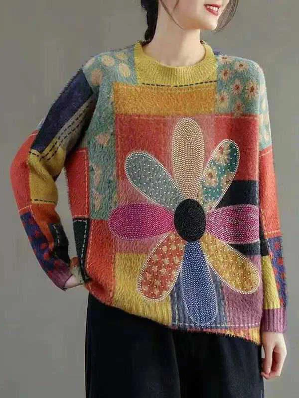 High-Low Long Sleeves Flower Print Rhine Stones Round-Neck Pullovers Sweater Tops