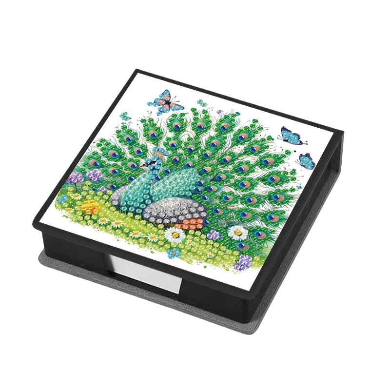 Green Peacock PU DIY 5D Diamond Painting Note Box w/160 Sheets for Office Home