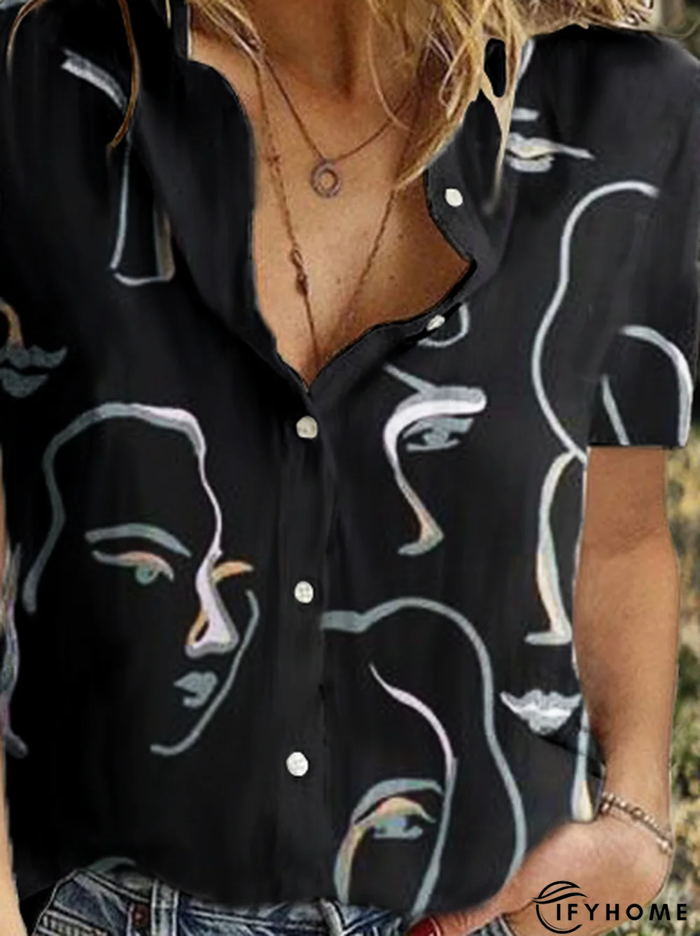 Abstract Shirt Collar Short Sleeve Casual Blouse | IFYHOME