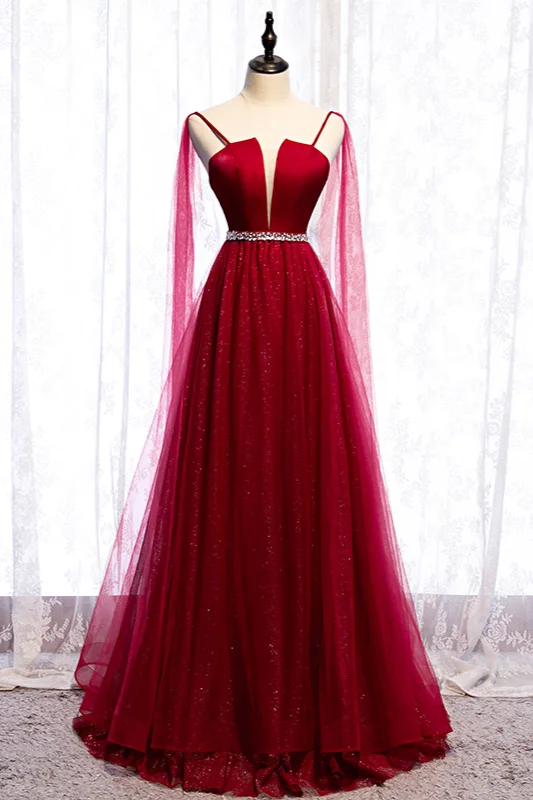 Daisda Burgundy Spagetti-Strap Sleeveless Prom Dress Tulle Ruffles with Beadings