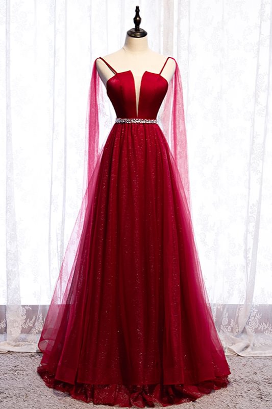 Daisda Burgundy Spagetti-Strap Sleeveless Prom Dress Tulle Ruffles with Beadings Daisda