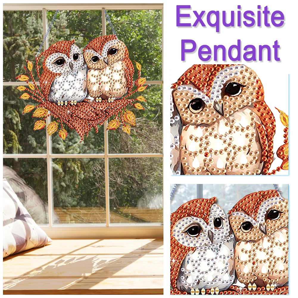 DIY Autumn Owl Special Shape Diamond Painting Hanging Pendant