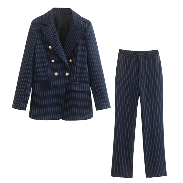Flaxmaker Striped Printed Long Sleeve Double Breasted Blazer Two Piece Set