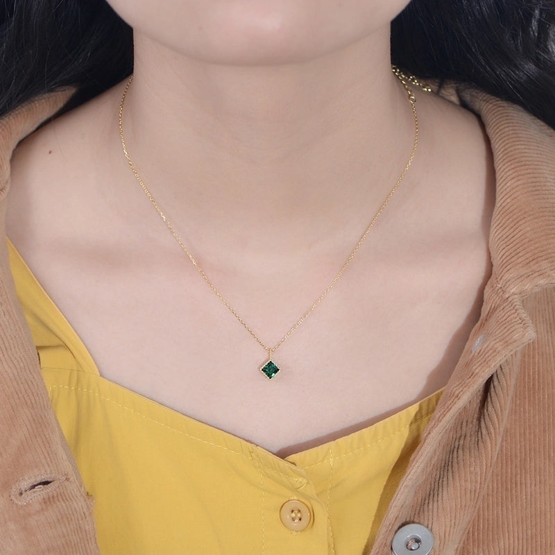 925 Sterling Silver Zircon Plating Inlay Square Pendant Necklace