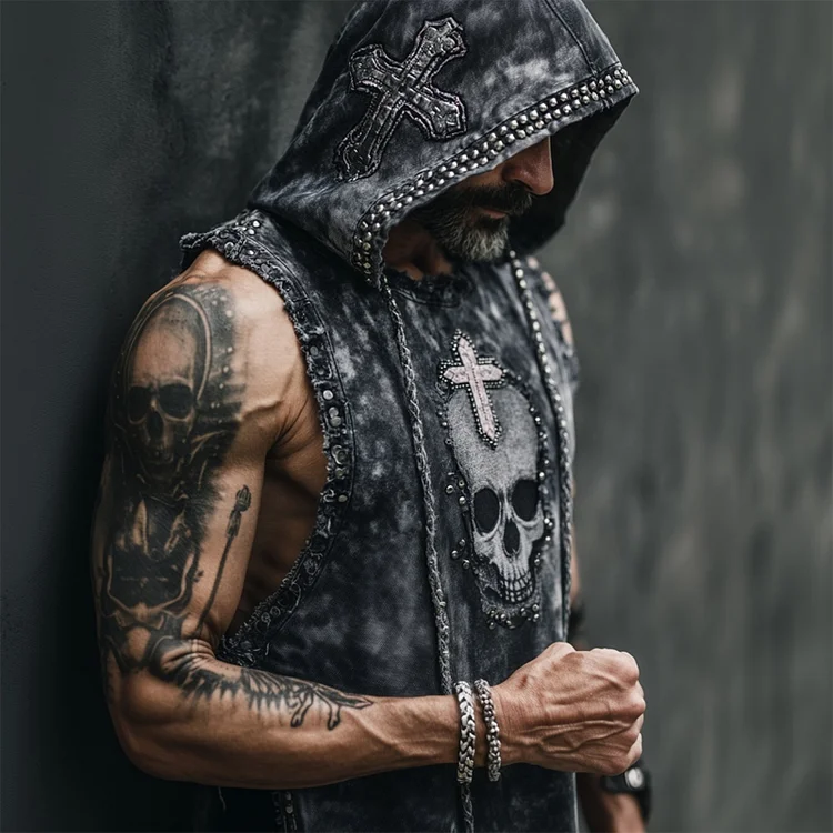Men's Rock Style Skull Cross Studded Vintage Hooded Tank Top