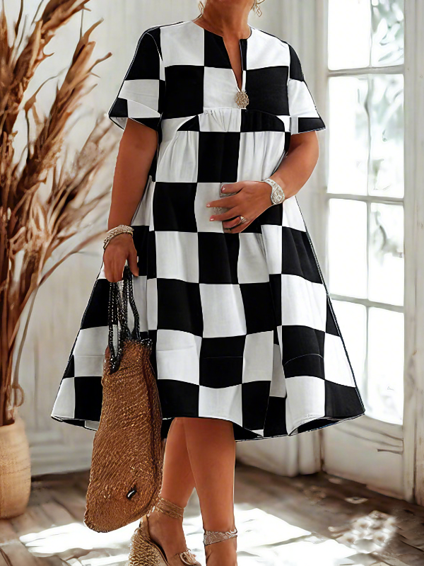 Pleated Plaid Contrast Color Short Sleeves Loose V-neck Shirt Dress Midi Dresses