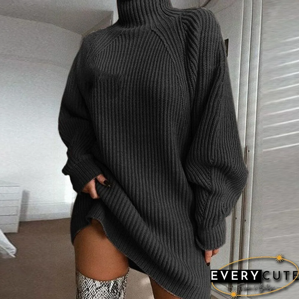 Autumn Winter Knitted Turtleneck Sweater Dress Ladies Casual Loose Solid Long Sweaters Dresses Thick Pullovers for Women
