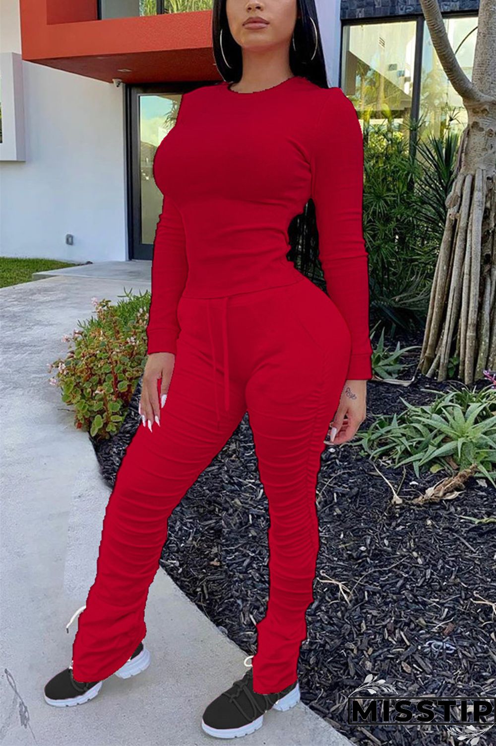 Red venetian Casual Solid Draped pencil Long Sleeve Two Pieces