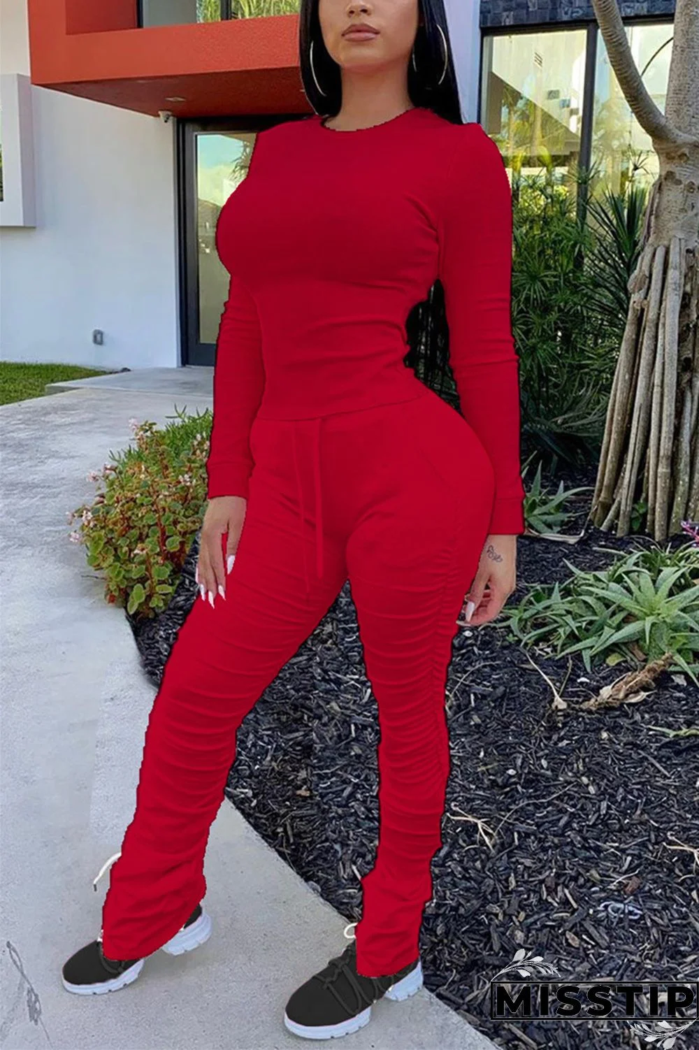 Red venetian Casual Solid Draped pencil Long Sleeve Two Pieces
