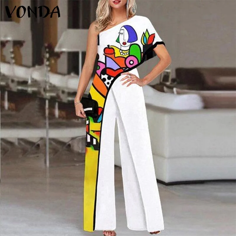 Wide Leg Rompers Casual Palazzo VONDA 2022 Women Playsuits Loose Solid Sexy One Shoulder Jumpsuits Summer Office Party Overalls