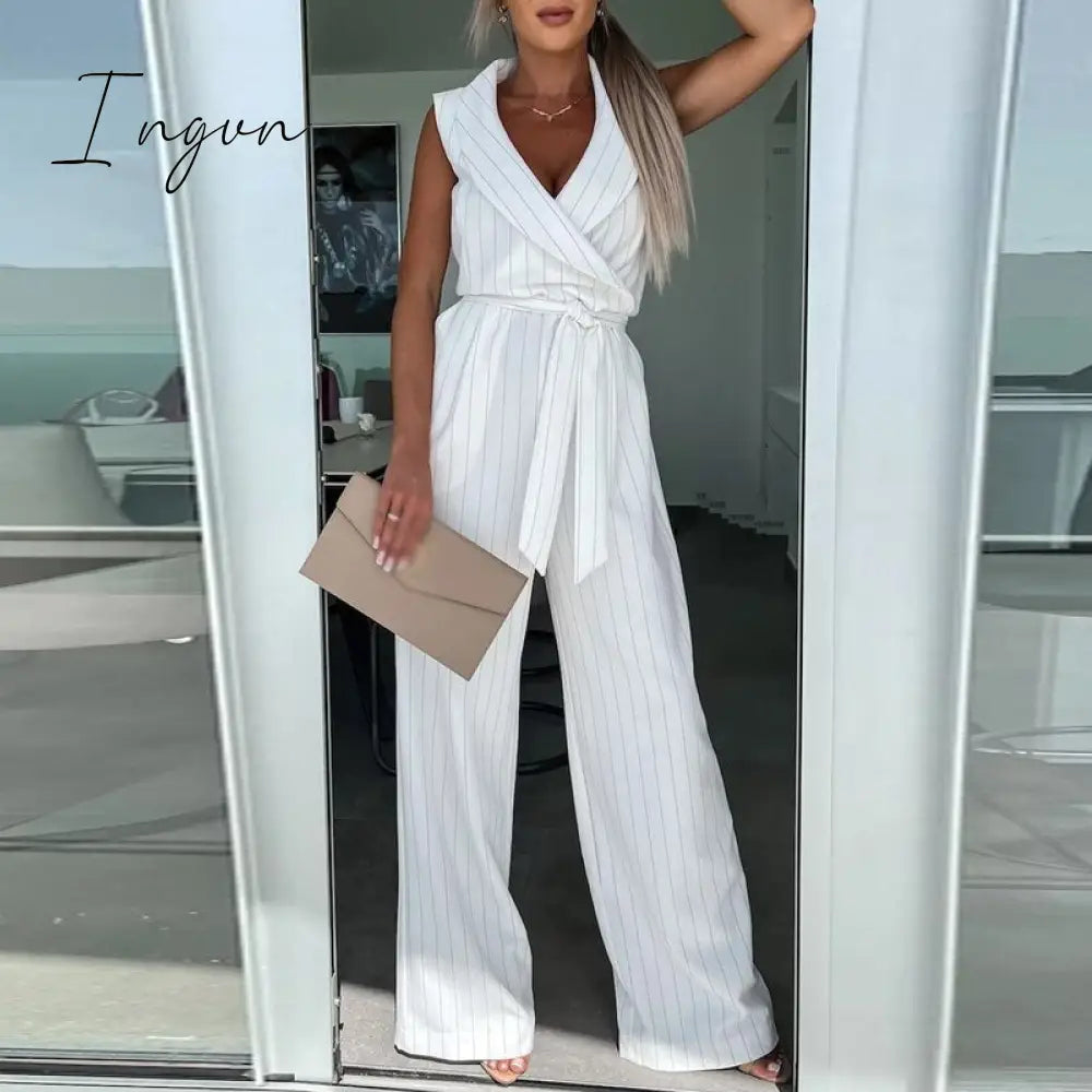 Ingvn - Summer Casual Loose Jumpsuit Female Fashion Printed Lapel Sleeveless High Waist One-Piece