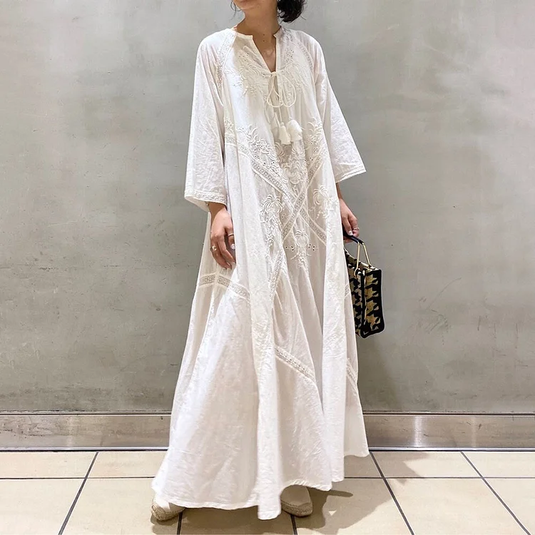 Boho V-neck Embroidery White Lace Long Beach Dress