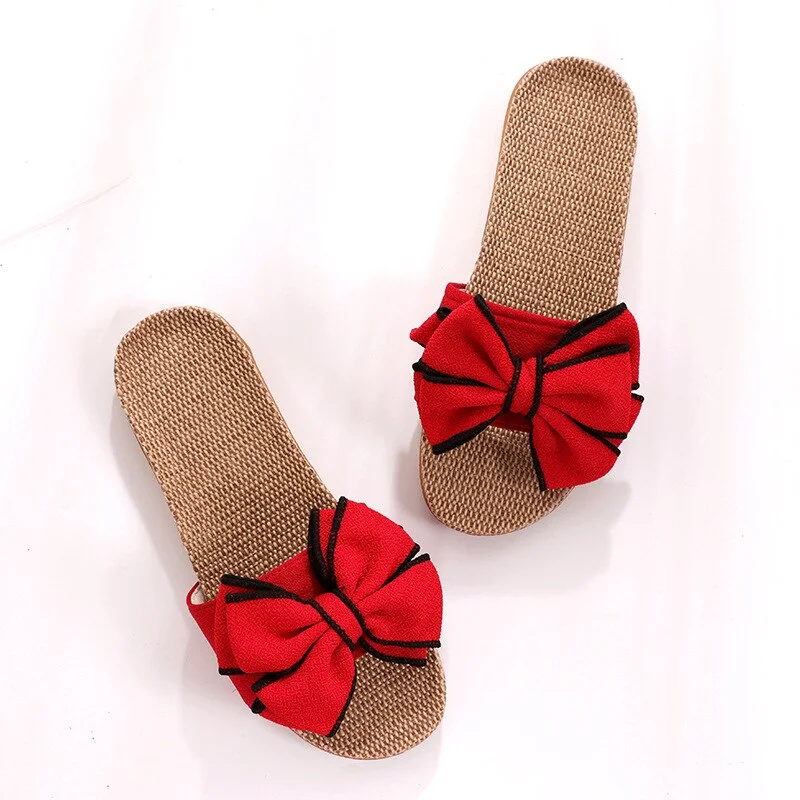 Women Casual Slides Comfortable Flat Slippers Striped Bow Linen Flip Flops Flats Sandals Ladies Indoor Shoes Chinelos Mulher