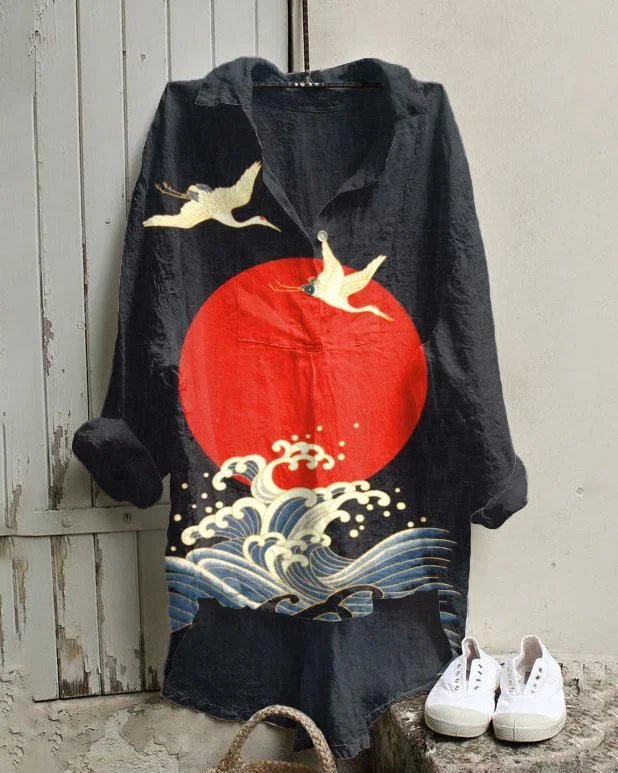 Japanese Flying Crane Wave Full Moon Cotton And Linen Tunic Shirt