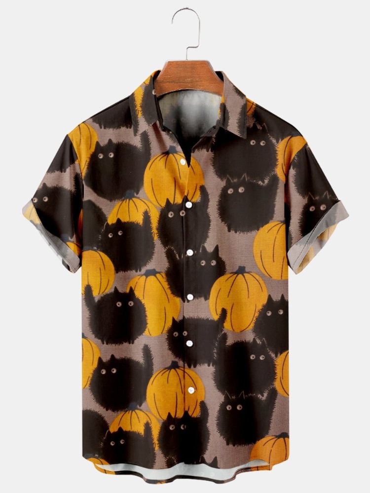 Halloween Cute Pumpkin Cat Print Casual Shirt