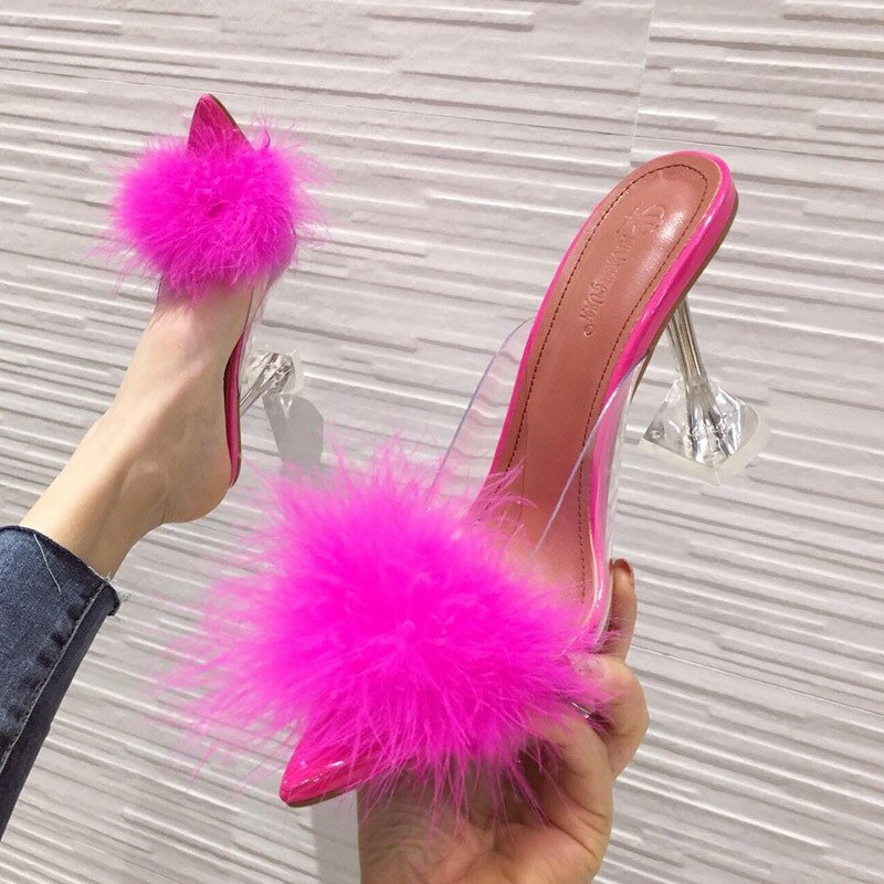 Women's European and American Pointed Transparent Spool Heels Muller Shoes Women's Furry Large Size Baotou Slipper