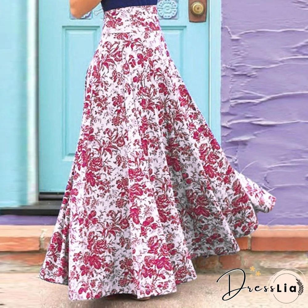 Womens A Line Skirts Summer Floral Printed Casual Loose High Waist Dress