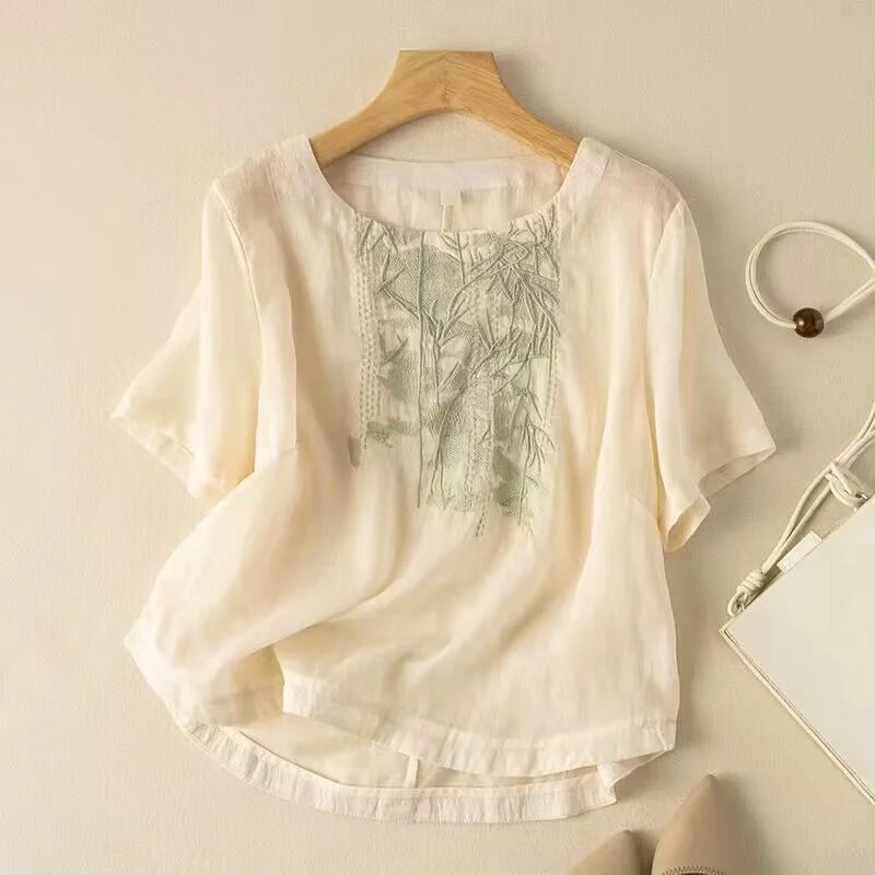 Women's Cotton and Linen Heavy Industry Embroidered Cotton and Linen Tops