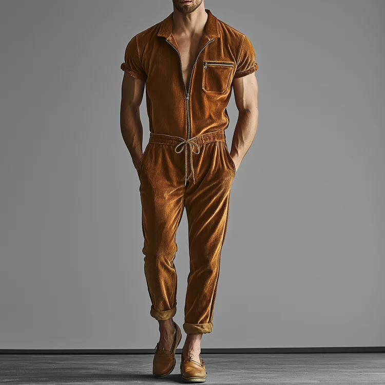 Okaywear Corduroy Turndown Collar Zipper Drawstring Pocket Jumpsuit Okaywear