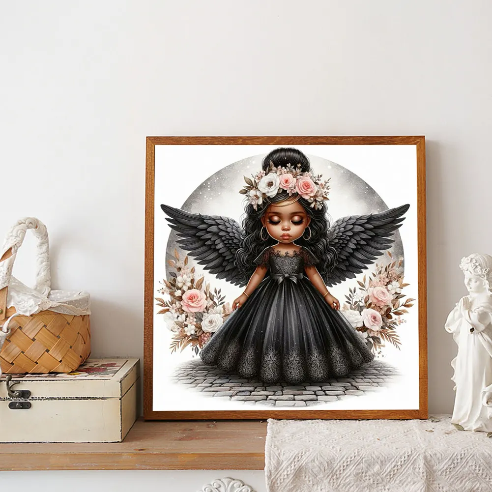 Diamond Painting - Full Round Drill - Black Angel Girl(Canvas|40*40cm)
