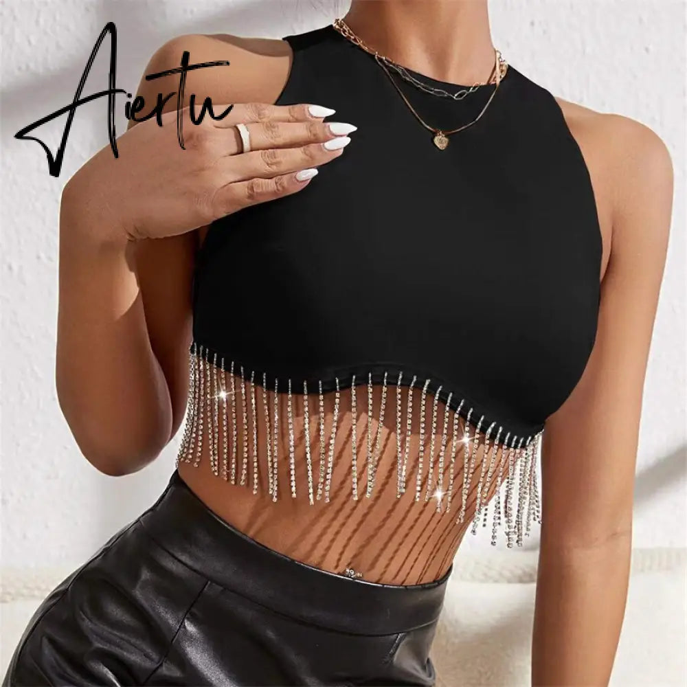 Rhinestone Tasseled Summer Crop Tops Women Chic Sleeveless Crew Neck Tank Tops Club Party Streetwear Sexy Vest Tops Aiertu