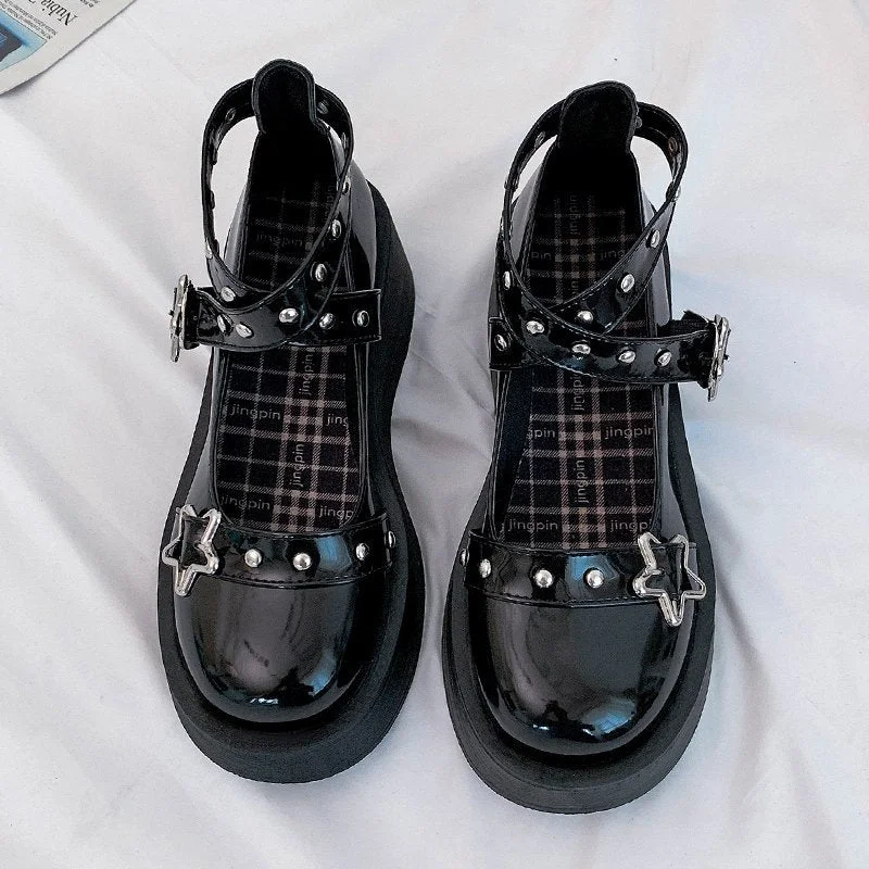 Mary Janes Shoes Women Lolita Shoes Star Buckle Cross-tied Platform Shoes Patent Leather Girls Shoes Rivet Casual Shoes Woman