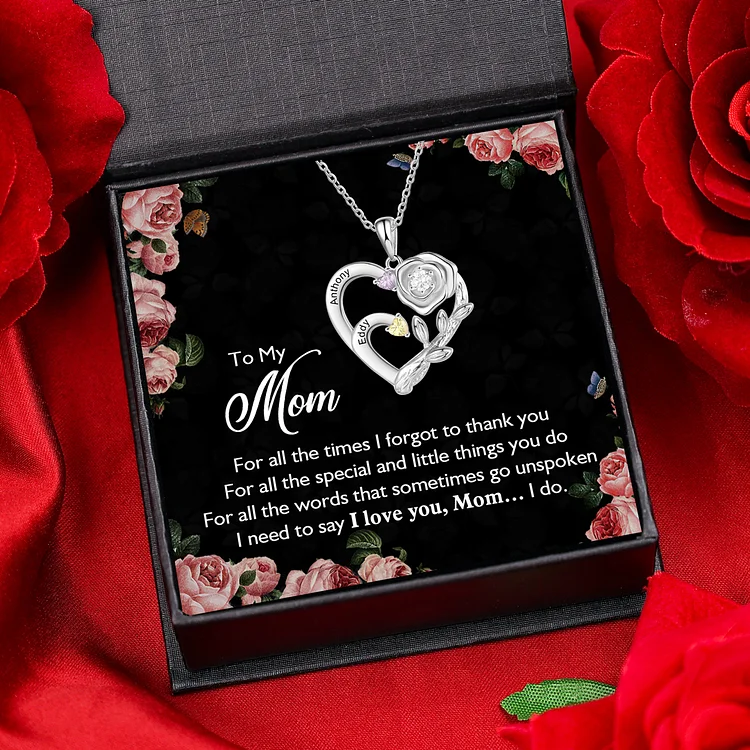 Personalized Rose Necklace with Birthstones Engraved 2 Names Intertwined Heart Pendant Necklace Gifts for Mother