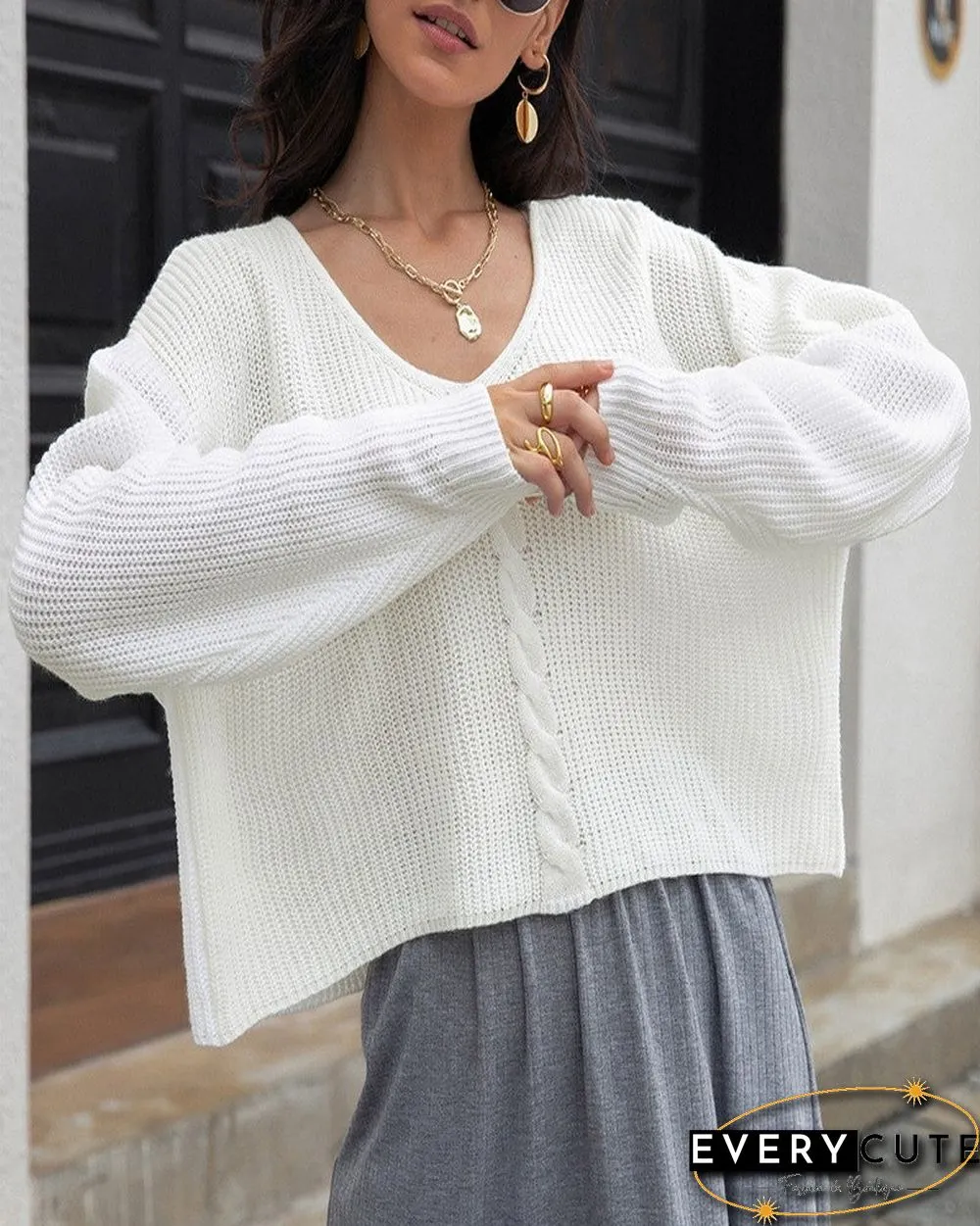 Braided Knit Long Sleeve Casual Sweater