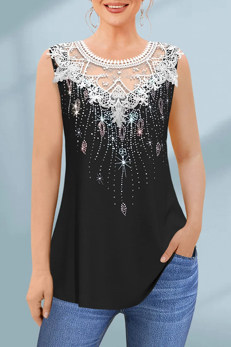 Flycurvy Plus Size Casual Black Lace Panel Sparkly Tank Top  Flycurvy [product_label]
