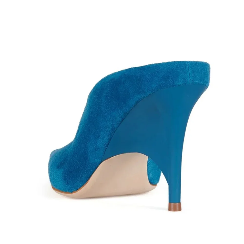 Blue Decorative Heel Pointed Toe Slip-On Mule Shoes for Women