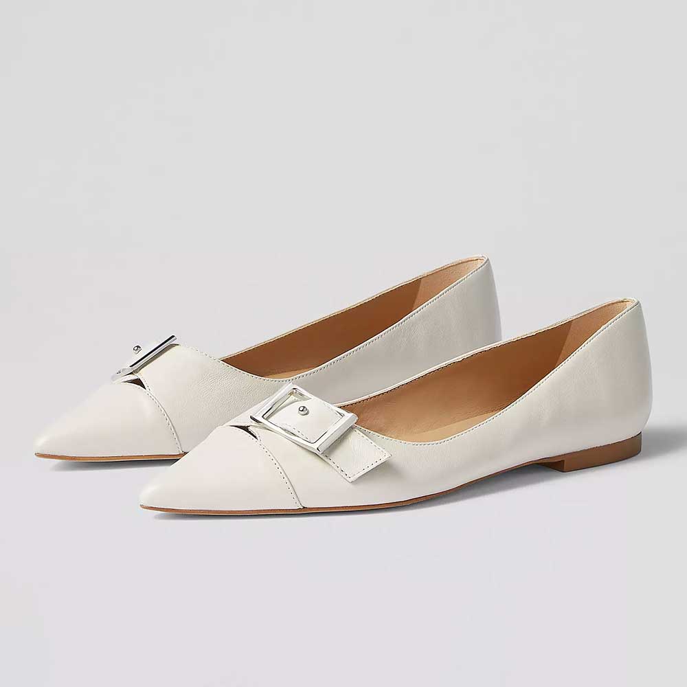White Vegan Leather Pointed Toe Flat Buckle Inlay Pumps Nicepairs