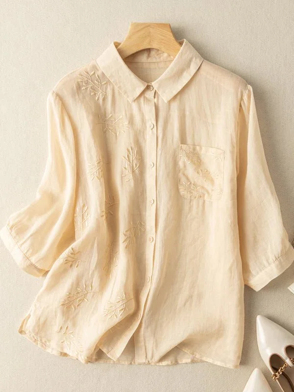 Embroidered 3/4 Sleeve Casual Linen Shirt Top With A Patch Pocket
