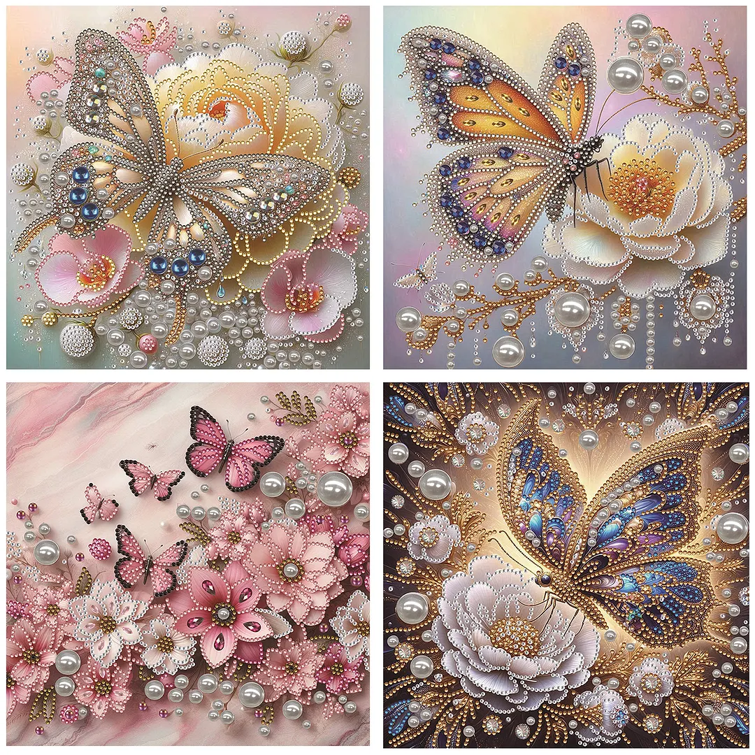 4pcs Pearl Butterfly Special Shaped 5D DIY Partial Drill Diamonds Dots Gem Art Kits for Adults Beginners Home Decor Diamonds Paintings Gem Art 30x30cm