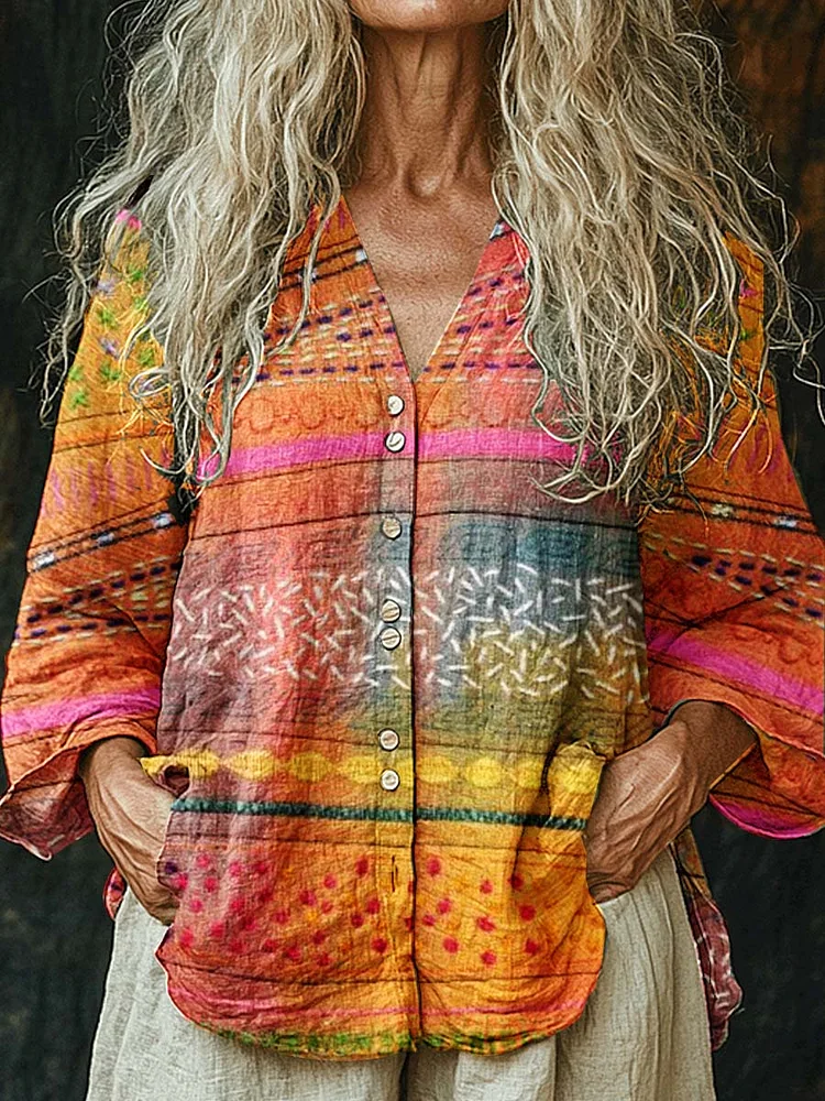 Women'S Modern Art Geometric PatternPattern Long Sleeve Comfortable Cotton And Linen Shirt