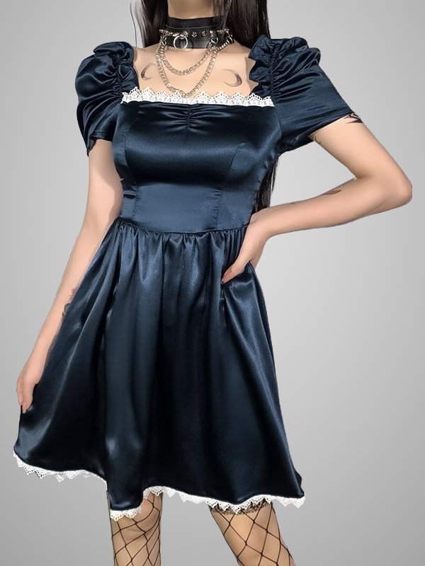 Vintage Basic Lace Paneled Square Neck Short Balloon Sleeve Tight Waist Dress