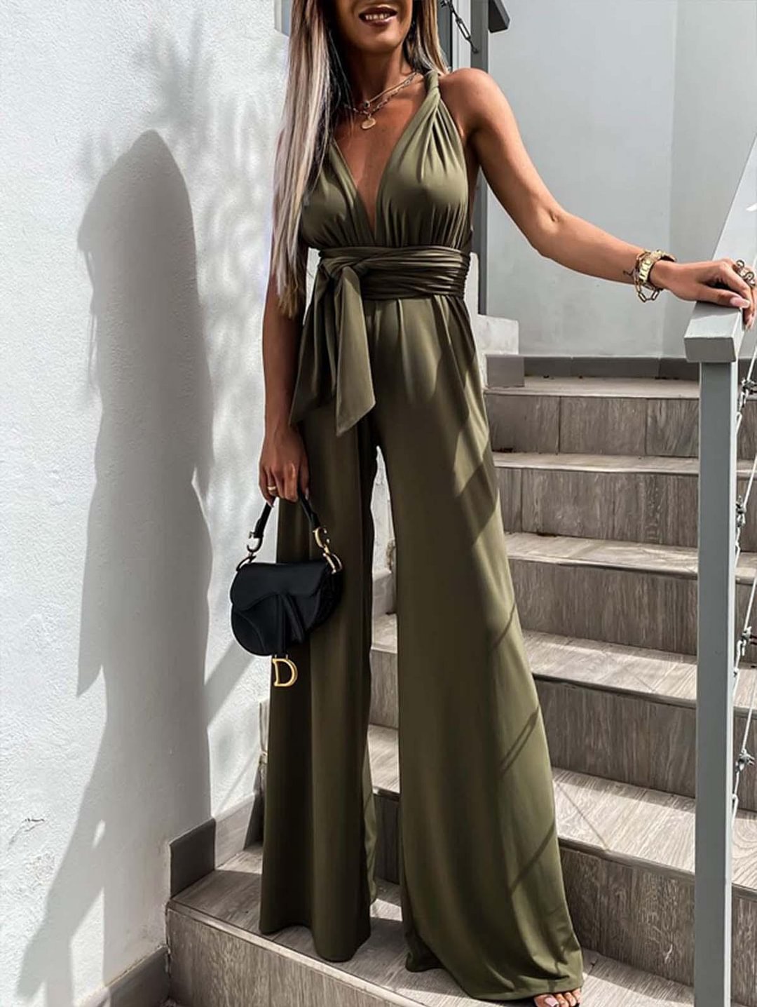 Lace-Up Plunging Sleeveless Jumpsuits