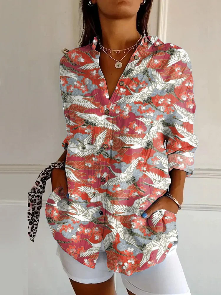 Japanese Classic Red Crane Print Casual Long-sleeved Shirt