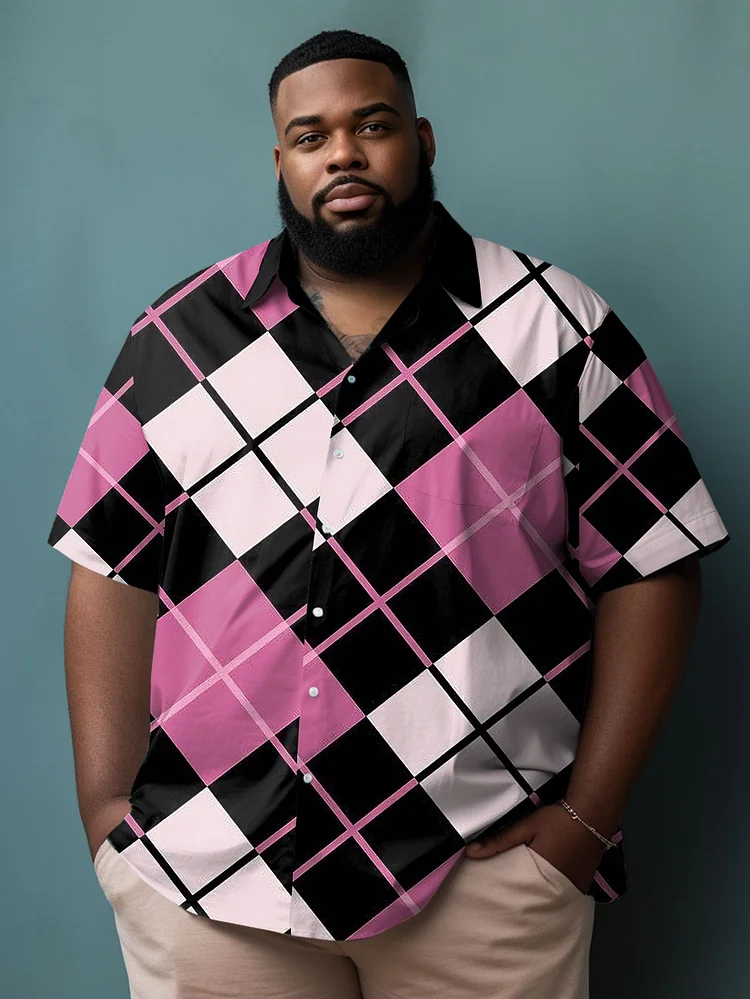 Men's Plus Size Black Pink Diamond Plaid Color Matching Short Sleeve Shirt