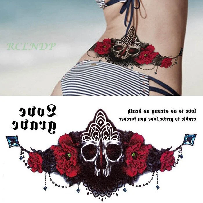 Sdrawing Temporary Tattoo Sticker leaf flower plant black sketch Fake Tatoo Breast Chest Back Belly Flash Tatto For Women Girl