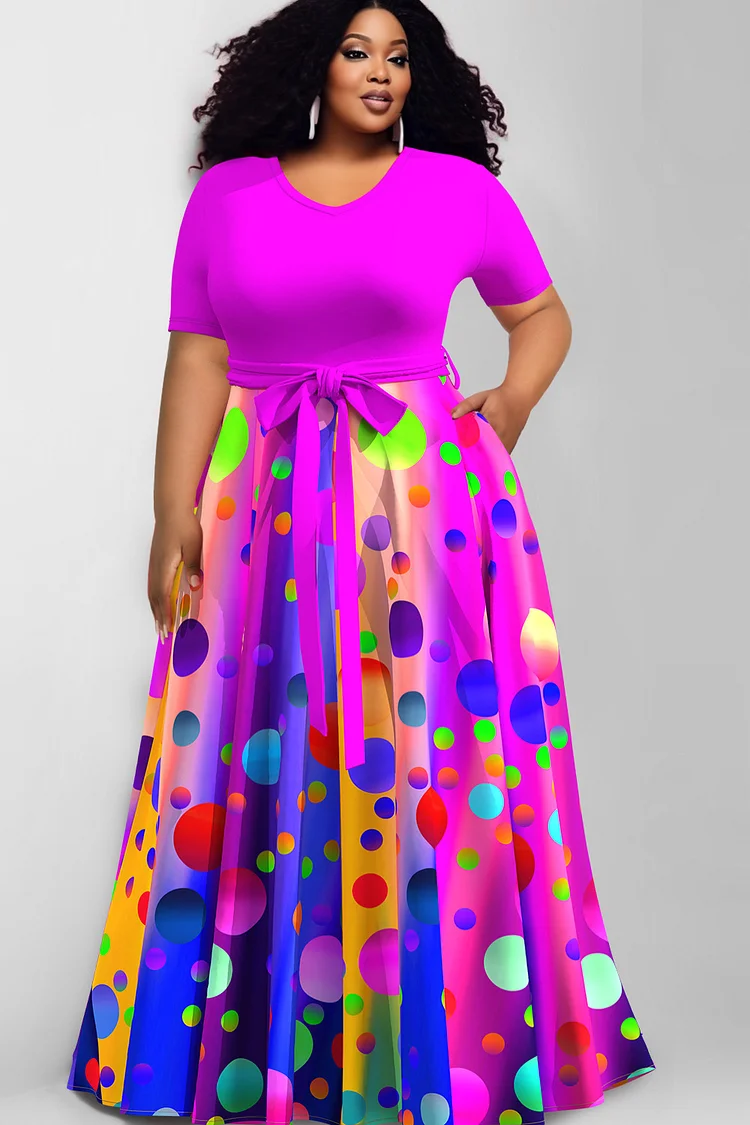 Xpluswear Design Plus Size Casual Purple Dots Print Round Neck Short Pocket Wrap Maxi Dress 