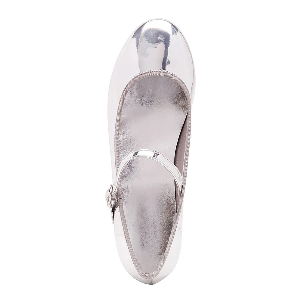 Women's Silver Mirror Round Toe Buckle Block Low Heeled Mary Janes