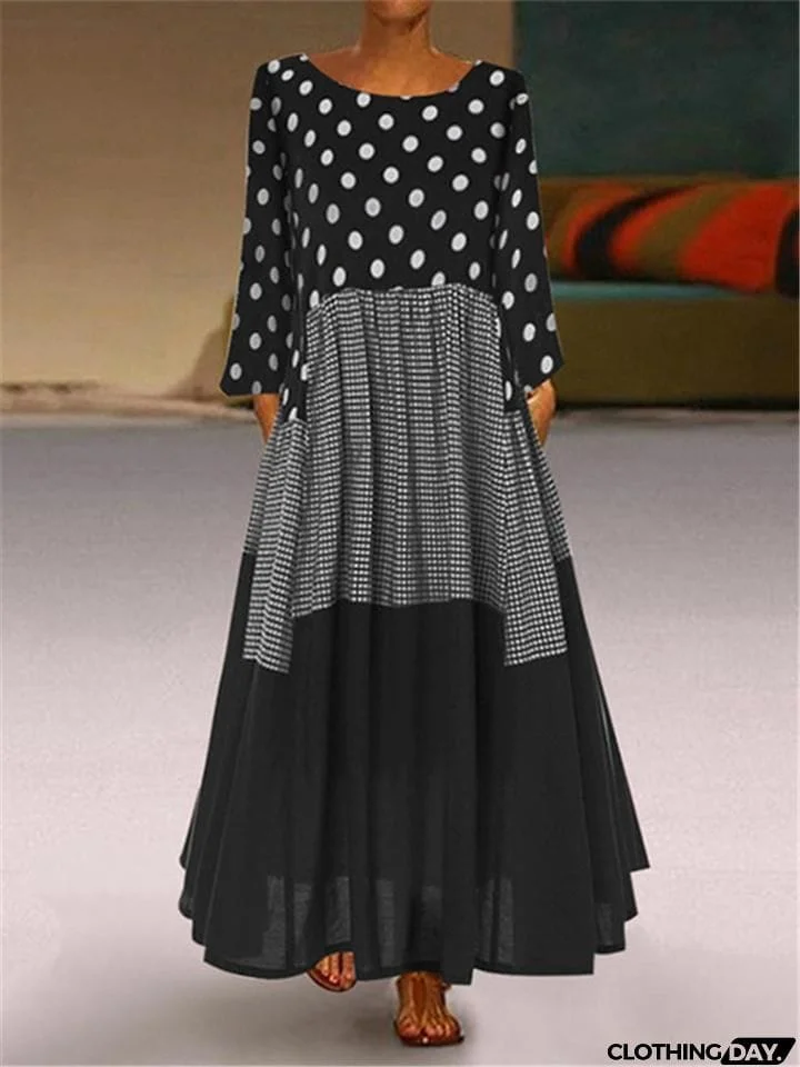 Vintage Style Scoop Neck Polka Dot Long Sleeve Pleated Maxi Dress