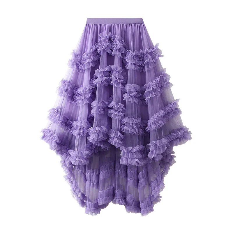 Nigikala Nigikala Skirt Candy Loose Waist Fairy Net Yarn Skirt Fluffy Irregular Lotus Leaf Side Cake Skirt 1376
