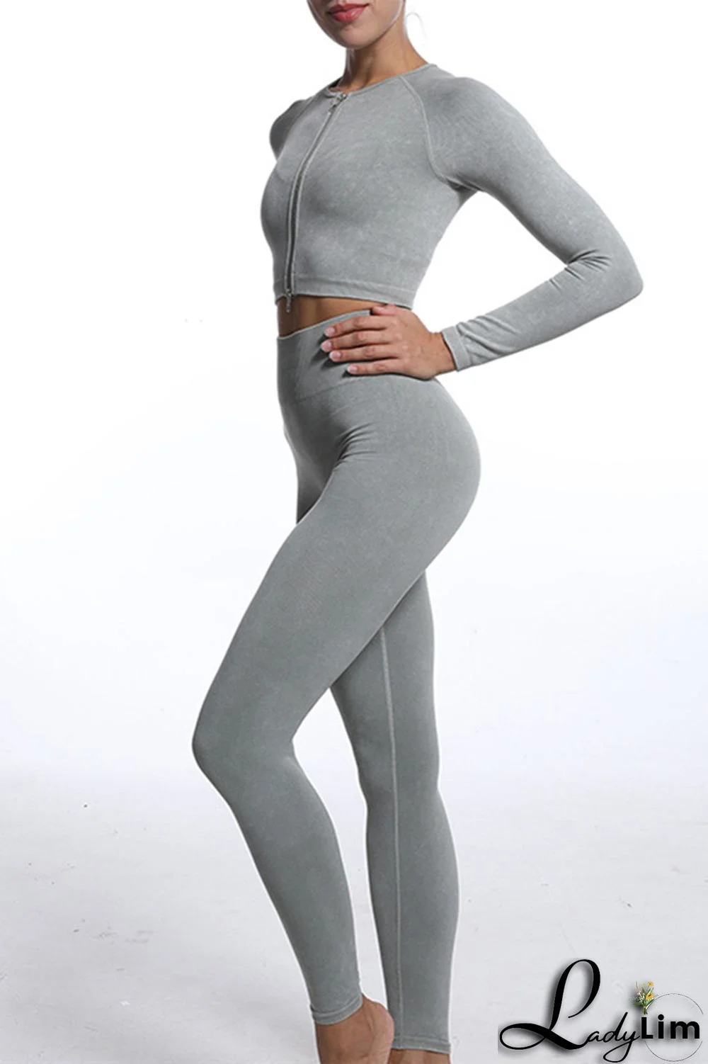 Blue Gray Casual Sportswear Solid Patchwork Zipper Long Sleeve Top And Trousers Two Piece Set