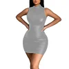 High Street Stretch Solid Color PU Mini Dress for Womens Sexy Sleeveless Short Club Dress Bodycon Matte Faux Leather Party Dress